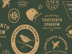 various logos and emblems for different types of sparrows in gold on dark green background