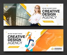 two business banners with an image of a woman