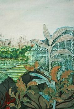 a painting of flowers and plants in front of a body of water with buildings on the other side