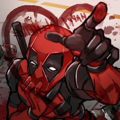 the deadpool is pointing his finger up