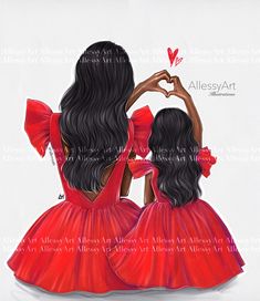 two girls in red dresses are making a heart with their hands and one girl is holding the other