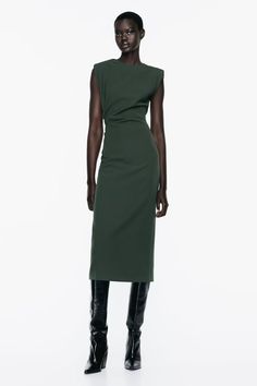 F00217373-102 Chic Green Formal Dress, Chic Green Dress For Formal Occasions, Fall Sheath Midi Dress, Green Sleeveless Dress For Fall, Green Sleeveless Midi Dress For Evening, Green A-line Dress For Office, Chic Green Sheath Dress, Chic Green Maxi Dress For Work, Green Sheath Midi Dress For Night Out