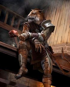 a cat dressed in armor sitting on top of a wooden structure