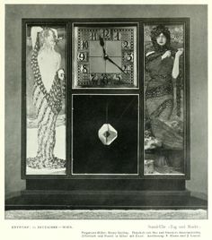 an advertisement for a clock with two women in the background and one woman standing behind it