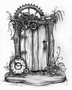 a drawing of a wooden door with gears on the front and side, surrounded by vines