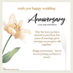 a wedding anniversary card with a flower on the front and back of it, which reads, wish you happy wedding anniversary love and happiness