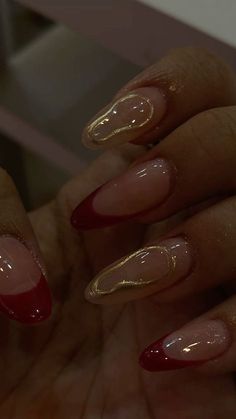 Maroon And Gold Nail Ideas, Red Cool Nails, Deep Red Nails With Design, Red Quince Nails Almond, Cherry Red Tip Nails, Dark Red Nails With Design Ideas, Red Prom Dress Nails Ideas, Clear And Red Nails, Hoco Nails For Red Dress