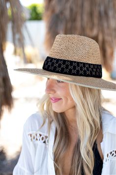 Our Palm Desert Panama fit in perfectly on our latest road trip photo shoot. Stunning, classic, chic - everything you've ever wanted in a hat. Featuring a molded crown with a pinched 10cm brim and hand woven straw, it's crystallized on the tone on tone ribbon with a simple Swarovski rivet. -Rancher style hat with a chill & casual vibe-Brim is flexible but holds its shape-Coordinating ribbon band-Pinched top-Great quality-- will last forever-This color actually goes with everything effortlessly-A Chic Brimmed Boater Hat For Travel, Chic Boater Hat With Short Brim For Travel, Chic Short Brim Boater Hat For Travel, Chic Travel Boater Hat With Upf 50+, Chic Boater Hat With Upf 50+ And Flat Brim, Chic Wide Brim Boater Hat For Travel, Elegant Woven Straw Hat For Travel, Chic Brimmed Panama Hat For Travel, Chic Visor Sun Hat For Kentucky Derby