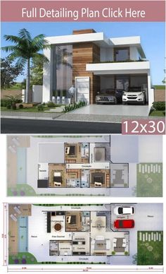 two story house plans with different levels and floor plans for each level, including the garage area