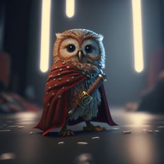 an owl with a red cape is standing on the floor in front of some lights