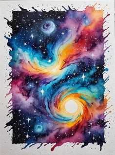 watercolor galaxy painting with stars and planets in the background