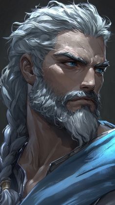 an image of a man with white hair and beards wearing a blue cape looking to the side