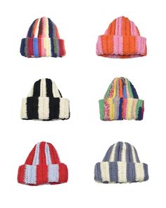 six knitted beanies in different colors and patterns on a white background with clippings