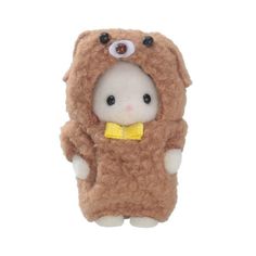 a small stuffed animal with a yellow bow on it's head and eyes, wearing a brown bear costume