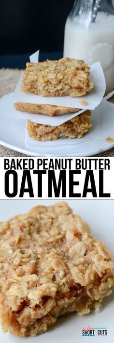 an image of baked peanut butter oatmeal bars on a plate with milk