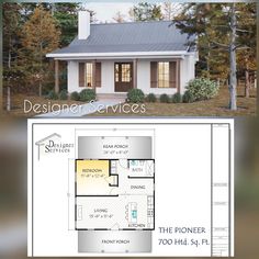 the floor plan for a small house with two windows and a porch on one side