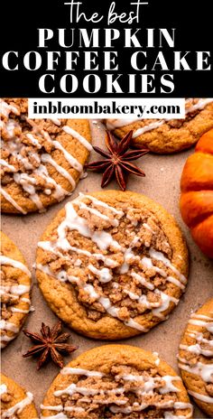 pumpkin coffee cake cookies with white icing and cinnamon sprinkles on top