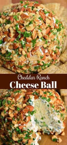 cheese ball with nuts and herbs on top