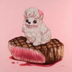 a painting of a dog sitting on top of a piece of meat that is covered in pink glaze