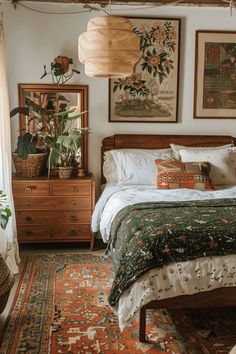 a bed sitting in a bedroom next to a wooden dresser and lamp on top of a rug