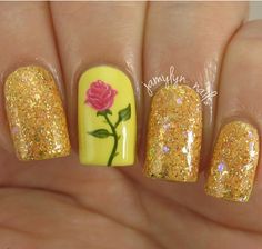 Beauty And The Beast Nails, Disney Princess Nails, Belle Nails, Unghie Nail Art, Nail Shimmer, Nail Art Disney