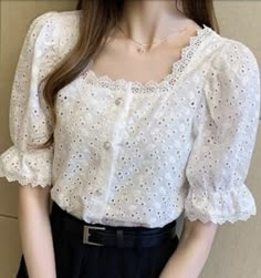 Top In Pizzo, Embroidered Cotton Top, Women White Blouse, Elegant Blouses, Straight Dress, Cropped Tops, Summer Blouses, Lace Shirt