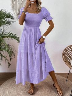 Women's Fashionable Solid Color A-Line Flared Puff Sleeve Dress Maxi Women Outfit Purple Casual  Short Sleeve Woven Fabric Plain A Line Slight Stretch  Women Clothing, size features are:Bust: ,Length: ,Sleeve Length: Purple Dress Puffy Sleeves, Long Summer Dresses With Sleeves, Lavender Dress Casual, Purple Dress Summer, Lavender Sundress, Modest Dresses For Teens, Mission Fits, Purple Dress Long, Lilac Purple Dress