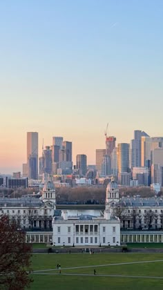 the city skyline is seen from across the park