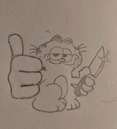 a drawing of a cat holding a knife and giving the thumbs up