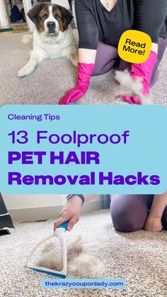 a woman kneeling down on the floor with her dog and cleaning products in front of her