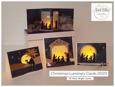 three christmas cards with nativity scene on them and the words, christmas luminary cards