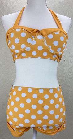 Retro Stage Yellow Polka Dot Bikini Women's Size L NWT Retro Stage, Yellow Polka Dot, Retro Theme, Halter Strap, Polka Dot Pattern, Swimwear Collection, Beach Day, Vintage Inspired, Polka Dot