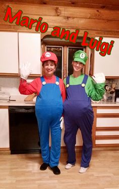 two people dressed in costumes standing next to each other with the words mario and luigi on them