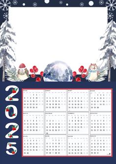 a calendar with christmas trees and snowflakes on the side, in front of a blue