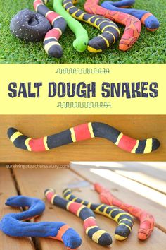 an image of some colorful snakes in the grass with text overlay that says salt dough snakes