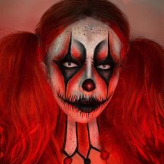 Female Creepy Clown Makeup, Guy Clown Makeup Easy, Guy Face Paint Halloween, Red And White Clown Makeup, Carnevil Clown Makeup, Scary Clown Make Up For Kids, Clown Makeup Red White Black, White And Red Makeup Look, Extreme Halloween Makeup