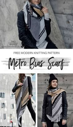 a woman in black jacket and scarf with text overlay that reads free modern knitting pattern metro