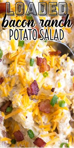 loaded bacon ranch potato salad in a bowl with a serving spoon and title overlay