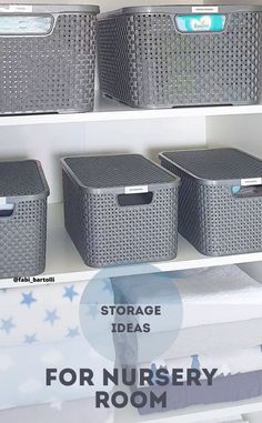 storage ideas for nursery room with baskets and bins on the shelves in front of them