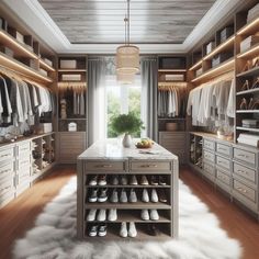 a large walk in closet with lots of shoes