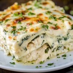 a white plate topped with lasagna covered in cheese and spinach toppings