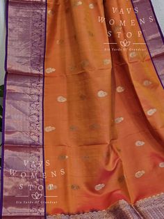 Orange Color Pure Kanchi Pattu Soft Silk Saree with stitched blouse Elevate your traditional wardrobe with this exclusive handpicked saree from Vavs Women's Stop. The beautiful combination of orange and purple in this handwoven Kancheepuram silk saree is a trendsetter in itself. The saree comes with a well-made, perfectly fitting stitched blouse, making it a hassle-free choice for any occasion. Our quick shipping from Prosper, Texas ensures that you receive your saree in time for all your auspic Traditional Orange Art Silk Pre-draped Saree, Traditional Orange Pre-draped Saree With Zari Weaving, Festive Orange Pre-draped Saree With Zari Weaving, Orange Handloom Pre-draped Saree For Puja, Orange Banarasi Silk Pre-draped Saree For Diwali, Orange Chanderi Pre-draped Saree For Navratri, Orange Tussar Silk Anarkali Dupatta, Orange Anarkali Tussar Silk Dupatta, Orange Pre-draped Saree With Cutdana