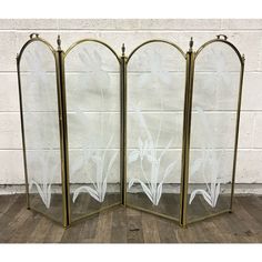 a pair of brass and glass fireplace screens with flowers on each side, in the style of art deco