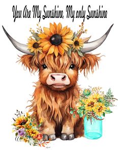 a watercolor painting of a yak with sunflowers on it's head