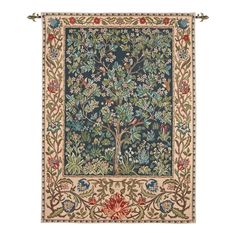 an intricately designed rug with trees and flowers in blue, red, yellow and green colors