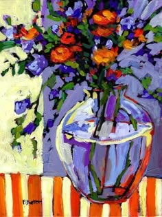 a painting of flowers in a glass vase on a striped tablecloth with an orange and blue background