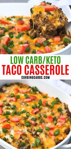 this low carb / keto taco casserole is loaded with ground beef, tomatoes and green onions