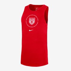 a red nike tank top with white lettering on the front and side, featuring an image of