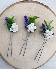 A lovely set of 3 delicate flower hair pins. Perfect for those up dos for your bridesmaids or for the bride herself.  Adorned with a 2cm single white mulberry rose, a sprig of lavender and foliage.  Please take note before buying that I aim to make each item within 5-7 working days. Each order I receive is handmade to order, so if you require sooner than the timescale specified, please contact me and I will do my best to create sooner for you.  Each hair pin is handmade to order so I am more tha White Mulberry, Bridesmaid Hair Comb, Bridesmaid Hair Pins, Flower Hair Pins, Up Dos, White Lavender, Lavender Hair, Flower Hair Comb, Rose A