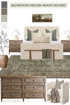 bedroom decor mood board with furniture and accessories